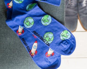Rockets & Earth Socks | Friday Sock Co. Mismatched Socks | Spaceship Socks | Planet Socks | Universe Socks | Gift For Space Lover