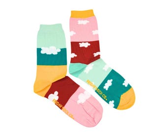 Women's Clouds & Stripe Socks | Purposely Mismatched | Great Gift