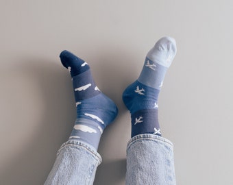 Plane & Cloud Socks | Friday Sock Co Mismatched Socks | Travel Socks | Gift Ideas | Gifts for Her | Pilot | Flight Attendant