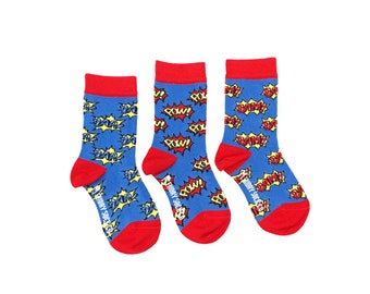 Kid's Socks | Zap Pow Bam Superhero | Friday Sock Co Mismatched Socks | Organic Cotton | Superhero Birthday | Comic Book | Children Socks