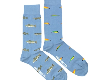 Herrensocken | Fisch & Köder | Friday Sock Co. Mismatched Socks | Papa Socken | Angelsocken | Angeln Geschenk | Fischer Geschenk | Vatertagsgeschenk