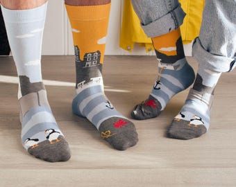 Men's Socks | East Coast Canadian Landscape Socks | Friday Sock Co. Mismatched Socks | Lighthouse | Peggy's Cove | Fishing | Gift Ideas