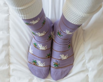 Purple Cat & Plant Socks | Friday Sock Co Mismatched Socks | Gift Ideas | Cute Socks | Fun Socks | Women's Animal Socks