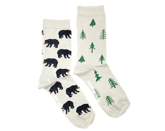 Women's Socks | Bear & Trees | Friday Sock Co Mismatched Socks | Camping Socks | Forest Socks | Animal Socks | Nature Lover Gift | Outdoors