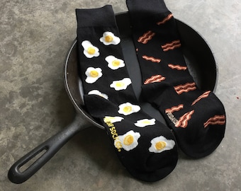Bacon and Eggs Socks | Friday Socks | Fun Mismatched Socks | Cotton Socks for Men | Gifts for Dad | Breakfast Food