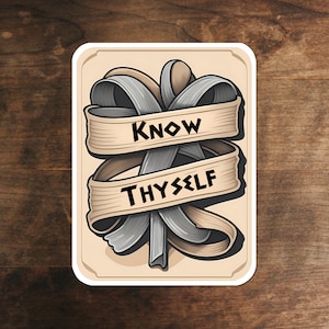 May include: A beige sticker with a gray and brown design. The design is a stylized knot with the words "Know Thyself" written on it.