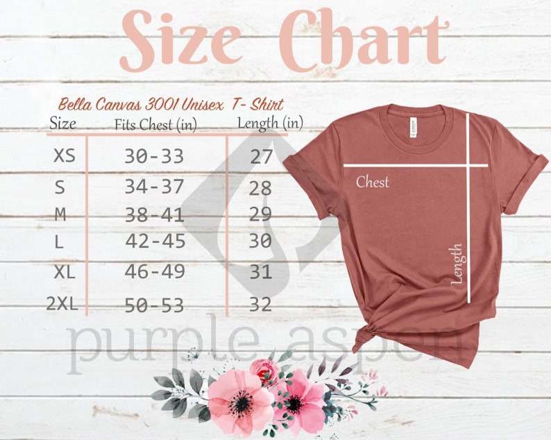 May include: Size chart for a Bella Canvas 3001 Unisex T-Shirt. The chart shows the size, chest measurement in inches, and length in inches. The sizes are XS, S, M, L, XL, and 2XL.