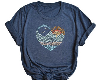Wanderlust Floral Mountain Heart TShirt Outdoors Explore Tee