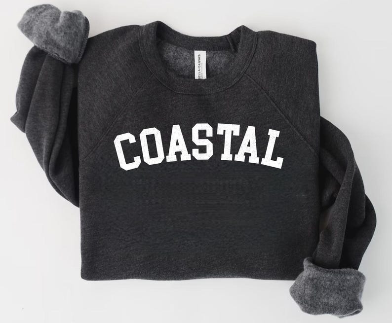 May include: Dark gray sweatshirt with the word "COASTAL" in large, white, block letters across the chest. The sweatshirt has a crew neck and long sleeves with gray cuffs. The fabric appears soft and comfortable.