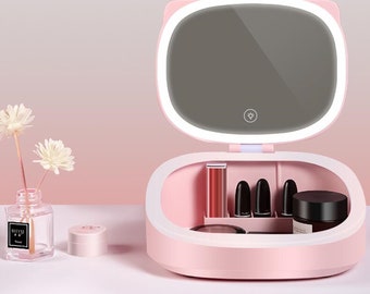 LED Lighted Vanity Makeup Mirror 10X Magnifying Mirror Dimmable Natural Light Touch Screen Dual Power Adjustable Stand Cosmetic Organizer