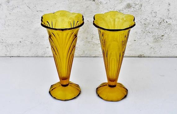 Art Deco Glazen Vazen in Geel Antiek Koppel Amber - Etsy