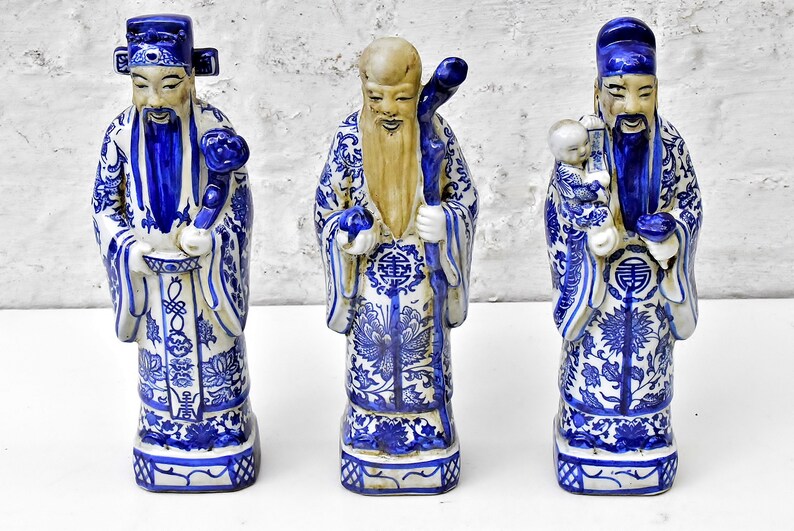 Antique Style Blue And White Chinese Statues Oriental Emperors Interior Design Asian Philosophers Chinoiserie Pottery Home Decor 1970s