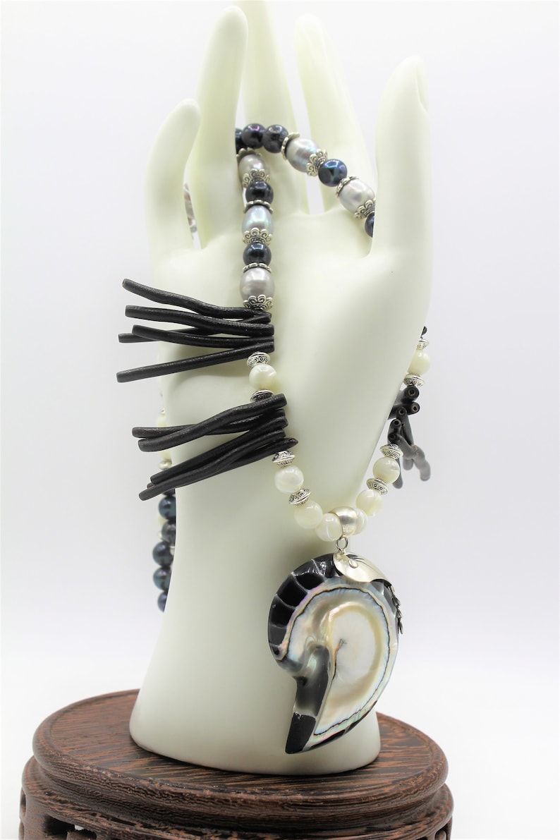 whimsical long strand Black and white coral beaded necklace with nautilus pendant pearl and coral statement necklace gift for her