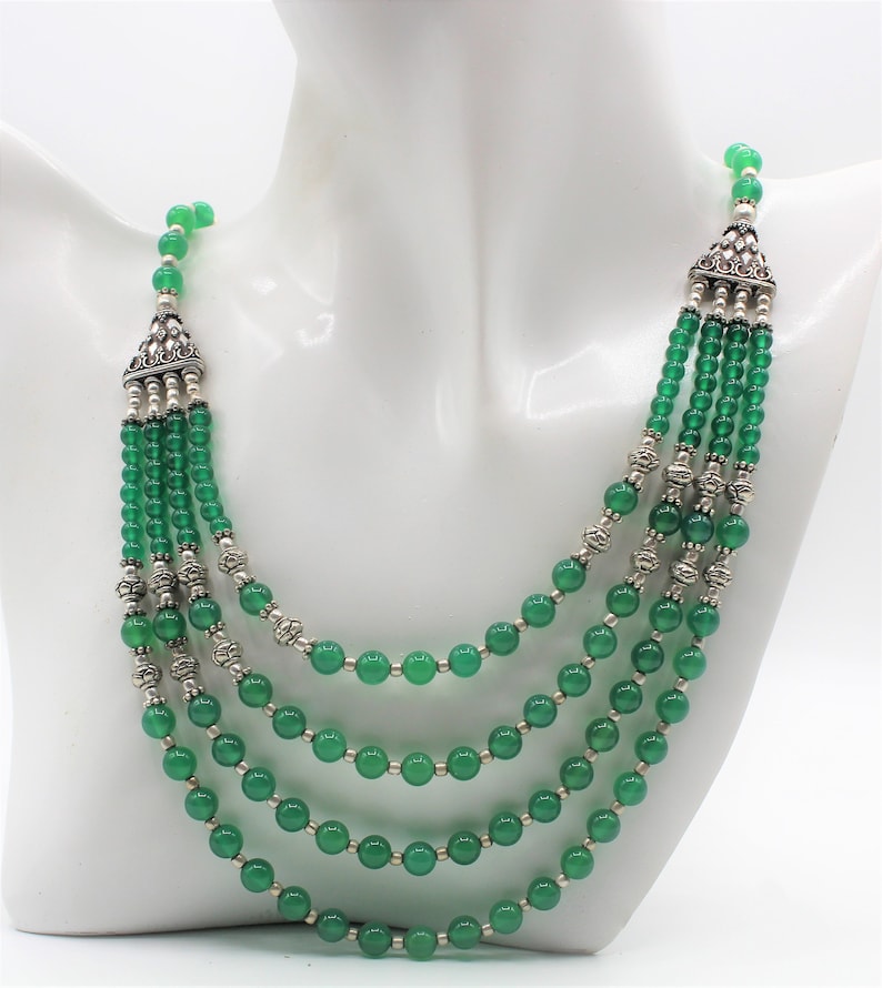 beaded necklace and earrings set elegant statement two piece set Green onyx multi strand necklace set unique wedding gift for women