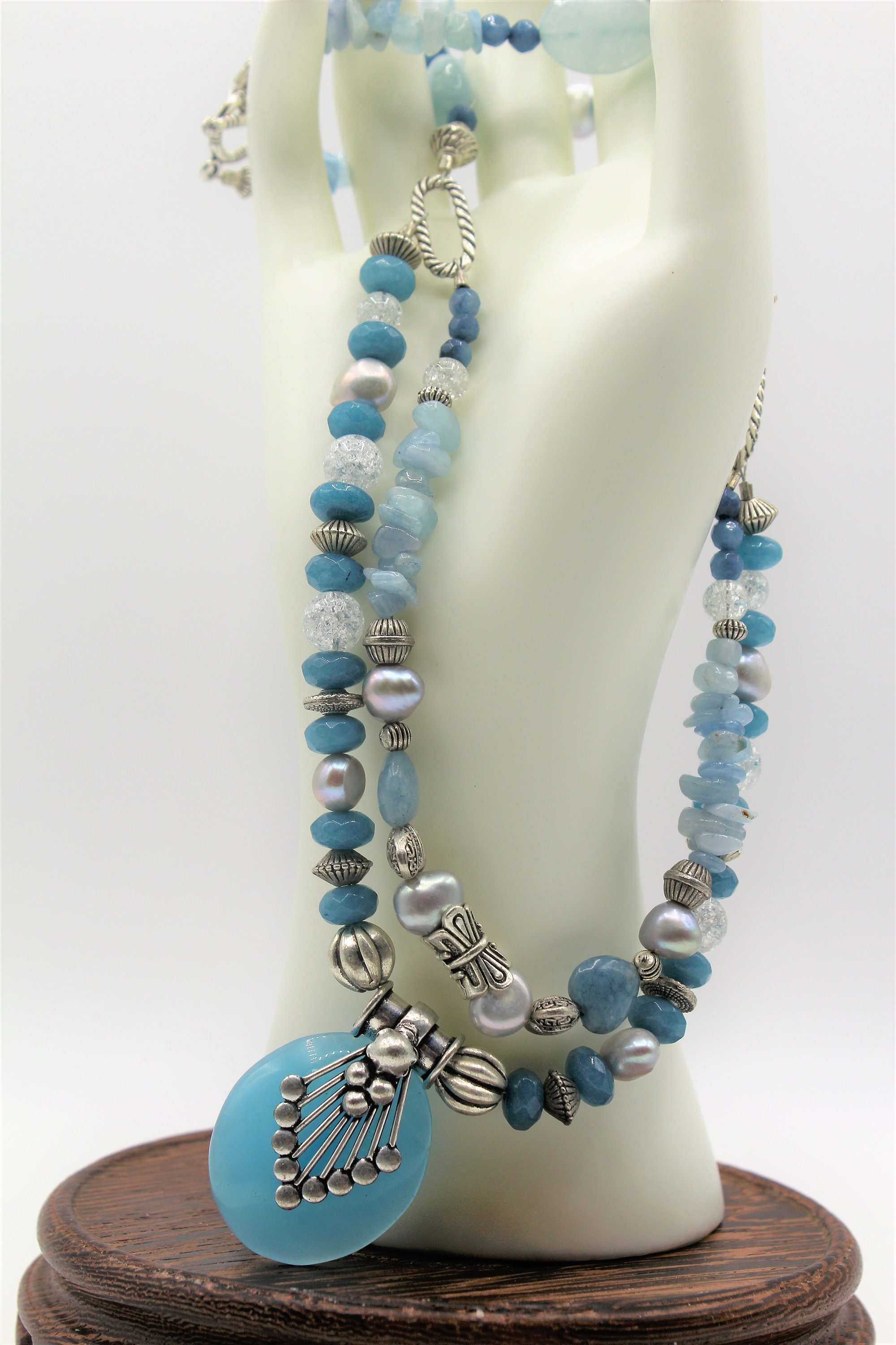 Aquamarine double strand beaded necklace blue pendant long | Etsy