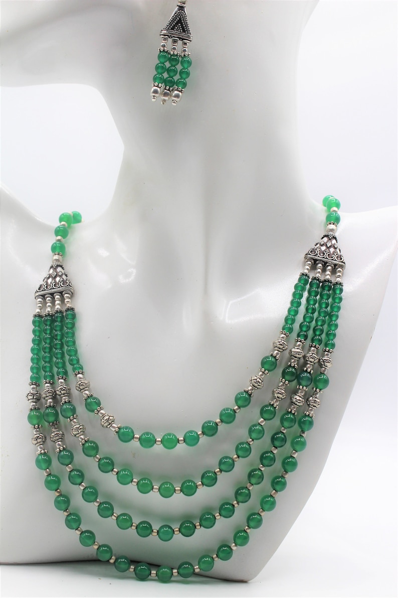 beaded necklace and earrings set elegant statement two piece set Green onyx multi strand necklace set unique wedding gift for women
