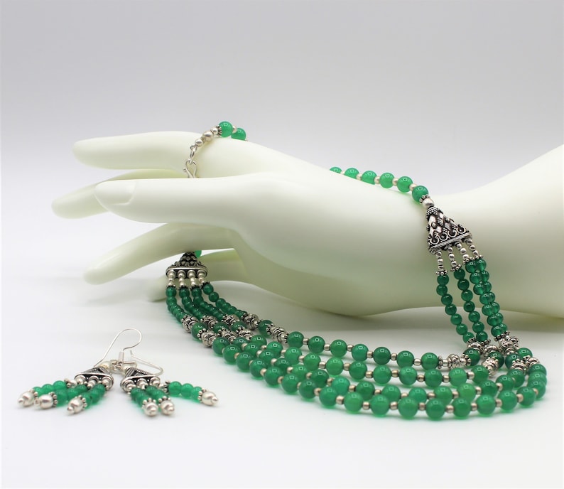 beaded necklace and earrings set elegant statement two piece set Green onyx multi strand necklace set unique wedding gift for women