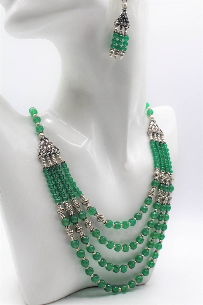 beaded necklace and earrings set elegant statement two piece set Green onyx multi strand necklace set unique wedding gift for women