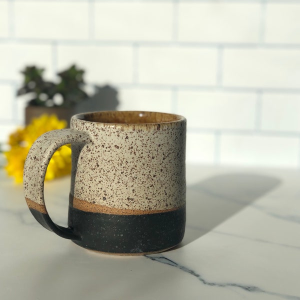 Handmade Ceramic Boho Mug, Simple Modern Chic Stoneware Mug, Wheel thrown Speckled Stoneware Mug, Black and White Matte Classic Coffee Mug