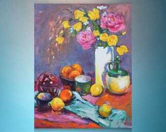 Peonies and Fruit Still Life Oil Painting, Original Cottage Art Clearance Sale