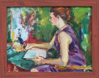 Woman Reading Oil Painting, Framed Female Figure with Book
