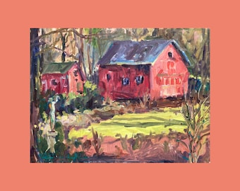 Red Barn Oil Landscape, Farmhouse Art, Wall Decor, Art Gift