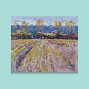 May include: A painting of a field with rows of plowed earth, a small house in the distance, and trees with fall foliage.