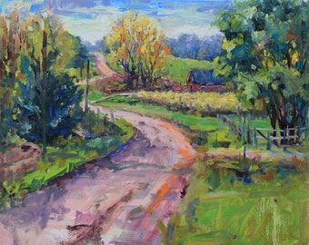 Fall Landscape Painting with Country Road, Original Impressionist Autumn Landscape