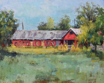 Red Farm Shed Oil Painting, Farmhouse Decor