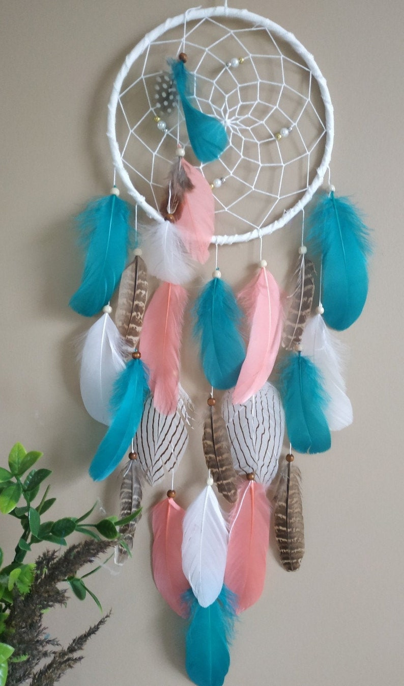 Coral Teal Dream Catcher Wall Hanging Boho Dreamcatcher Etsy