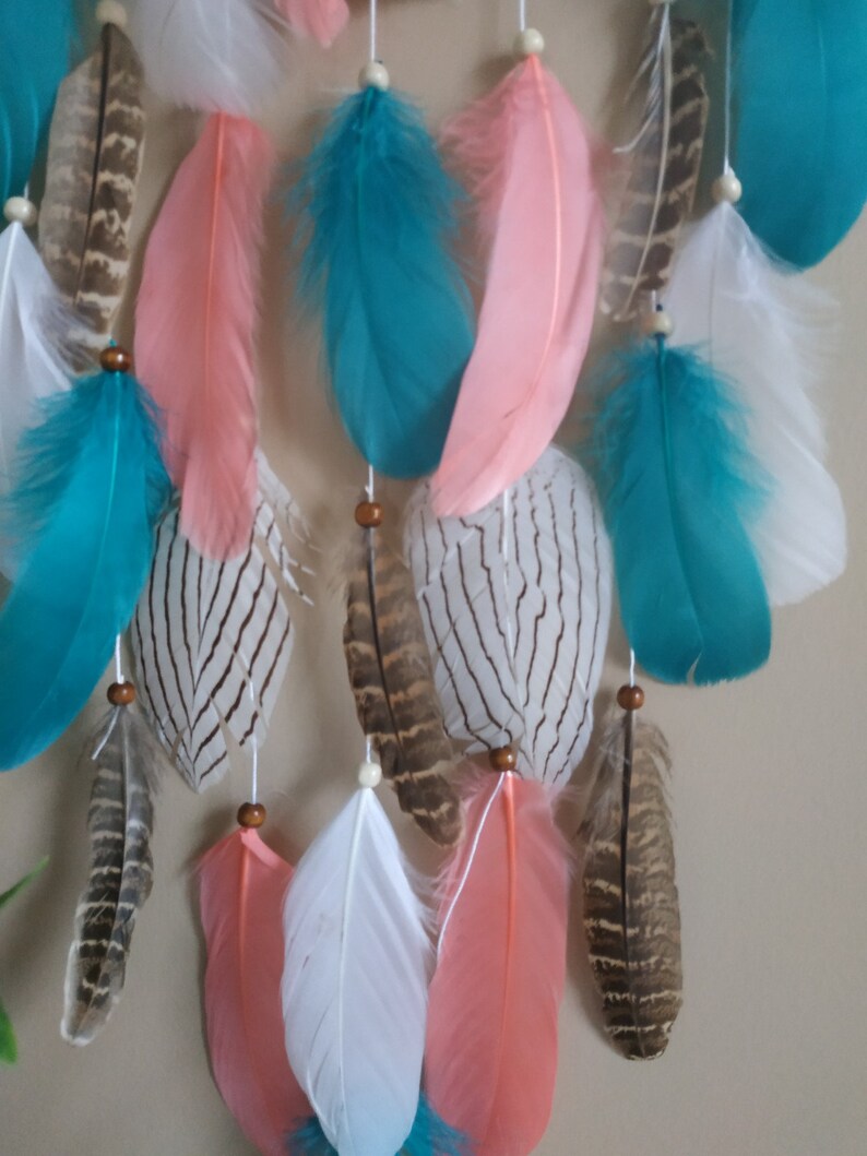 Coral Teal Dream Catcher Wall Hanging Boho Dreamcatcher Etsy