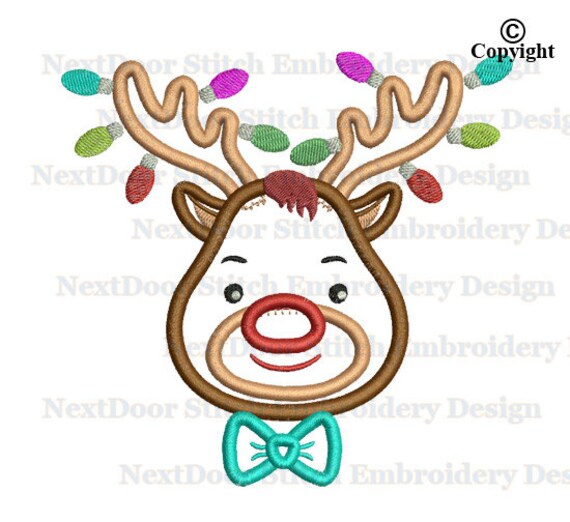 Christmas Reindeer Applique Design Rudolph Xmas Lights Bow Tie Machine Embroidery Deer 015 Christmas Reindeer Applique Design Rudolph Xmas Lights Bow Tie Machine Embroidery Deer 015