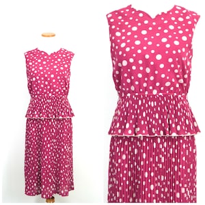 80s Pink Polka Dot Dress | Sleeveless Peplum Dress 1980s Party Dress Womens Size XS