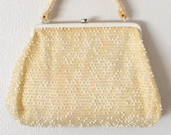 Vintage 50s Beaded Handbag | Ivory White Beaded Evening Bag Purse | Beaded Frame Bag | Faux Pearl Handbag