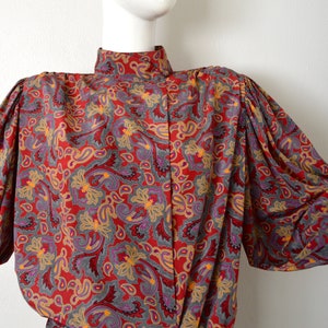 80s Wrap Shirt Tie Waist Blouse | Red Paisley Turtleneck Blouse | Long Sleeve Paisley Print Blouse  Puffy Sleeve Secretary Shirt Blouson Top