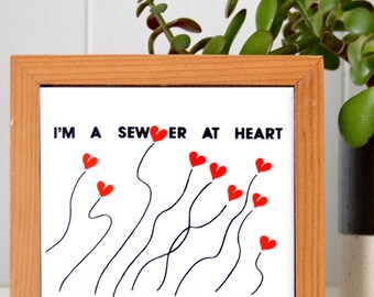 Vintage Sewing Trivet Wall Hanging | Ceramic Tile Wood Frame I'm A Sewer At Heart Wall Art | I Heart Sewing