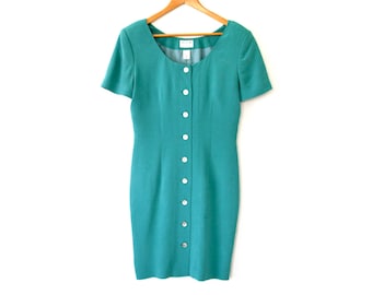 Vintage Seidenkleid NORDSTROM | Petrol Blau Grün Sekretärin Kleid | MOD Bleistiftkleid | Kurzarm-Knöpfe knielange Etuikleid klein