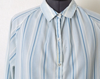 60s 70s Ship 'N Shore Blouse | 1970s Blue Striped Button Down Top | Raglan Sleeve Collared Blouse | Womens Size 1X