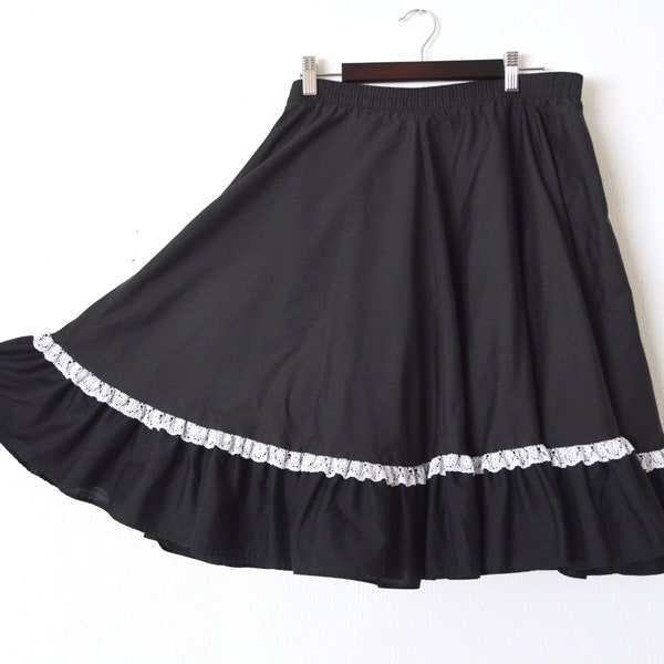 80s PARTNER'S PLEASE Circle Skirt | Square Dance Rockabilly Skirt | Black White Lace Full Skirt