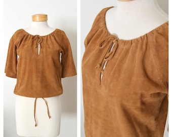 I. MAGNIN 70s Suede Keyhole Blouse | 1970s Boho Peasant Blouse Genuine Sheepskin Suede Women's Size XS Small