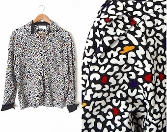 Vtg 80s Secretary Blouse | Black & White Button Down Long Sleeve Top | Patterned New Wave Shirt 80s Puff Sleeve Shirt Silky Blouse Size S/M