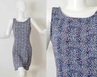 Blue Floral Sleeveless Shift Dress | Pink & Blue Floral Crepe Sheath Dress | Floral Allover Print Chintz Pencil Dress Women's Size Small XS