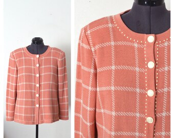 Vintage 80s BROWNSTONE STUDIO Cardigan Sweater | Coral Pink Plaid Preppy Cardigan Sweater