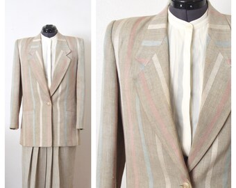 80s Rayon Linen Blazer | Kasper for A.S.L. | Pastel Pink Striped Blazer Jacket | 1980s Women's Suit Jacket Size Medium