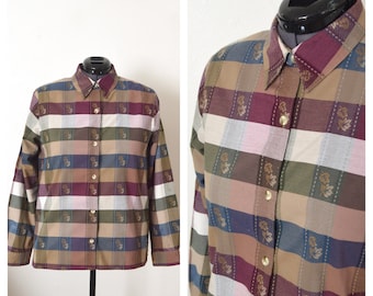 90s Plaid Fall Button Down Shirt ALFRED DUNNER Purple Plaid Blouse | Women's Size Large