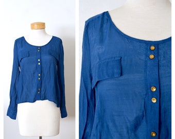 Vintage Cobalt Blue Silky Rayon Blouse | Faux Gold Button Down Pullover Top | Ruched Back | Long Sleeve | Women's Size Small