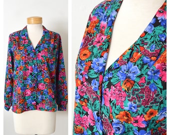 80s Bright Floral Collared Blouse | 1980s Pink Floral Button Down Blouse Silky Top | Size Medium Large