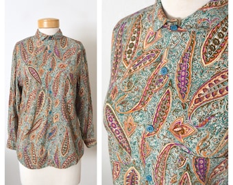 90s Rayon Paisley Blouse | Long Sleeve Button Down Boho Shirt | India Paisley Block Print Top FORENZA Women's Size Small