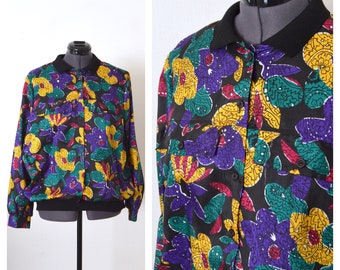 80s Abstract Print Blouse LAUREN LEE WOMAN 1980s Blouson Top | Yellow Purple Crinkle Shirt
