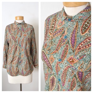90s Rayon Paisley Blouse | Long Sleeve Button Down Boho Shirt | India Paisley Block Print Top FORENZA Women&#39;s Size Small